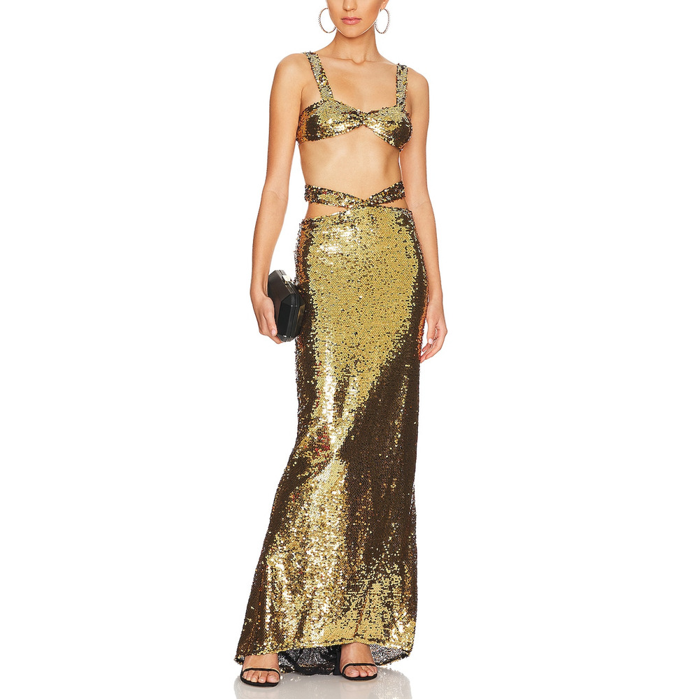 Bronx And Banco 'Cleopatra' Gold Sequin Embellished Two Piece Gown Size S - NWT